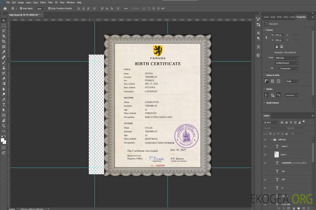 Modèle PSD de certificat de naissance de l'état civil du Canada template Modèle PSD de certificat de naissance de l'état civil du Canada template